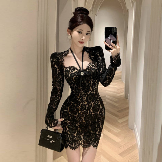 Hong Kong Style Lace Positioning Flower Irregular Halter Sheath Dress Ladies