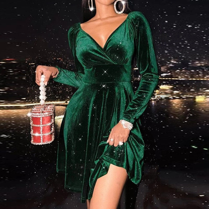 Autumn Festival Christmas Long Sleeve V-neck Dress